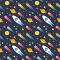 Seamless pattern on the theme of space. pattern in flat style with stars, rockets, planets, comets, asteroids.